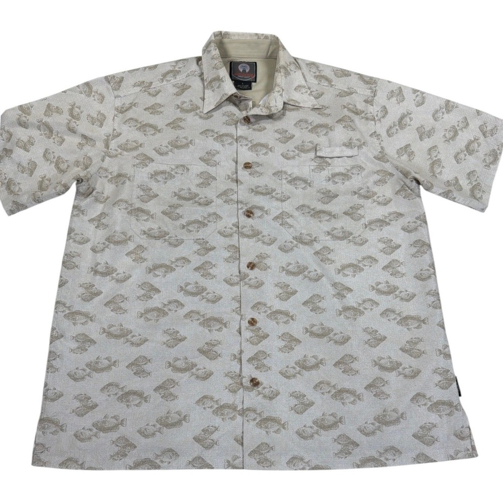 Weatherproof Fish Print Shirt Mens L Beige Fishing Button Up Short Sleeve